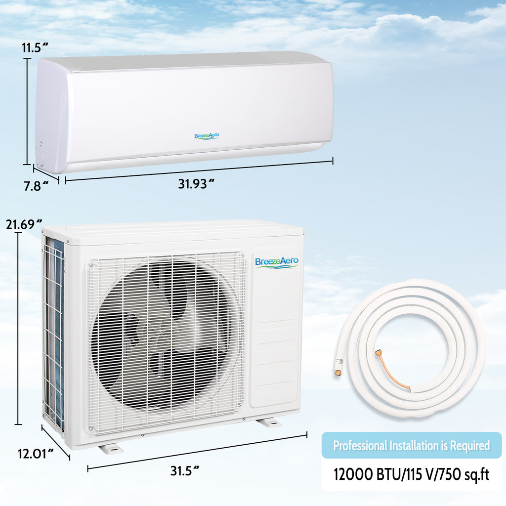 BreezeAero 1 Zone 12000 BTU Wifi Enabled Ductless Mini Split Air Conditioner Heat Pump Included,20 SEER2 115V, Cools Up to 750 Sq.ft