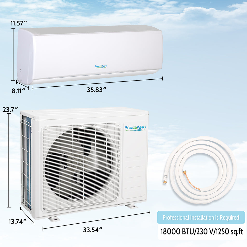 BreezeAero 1 zone 18000 BTU Wifi Enabled Ductless Mini Split Air Conditioner Heat Pump Included, 20 SEER2 230V, Cools Up to 1250 Sq.ft
