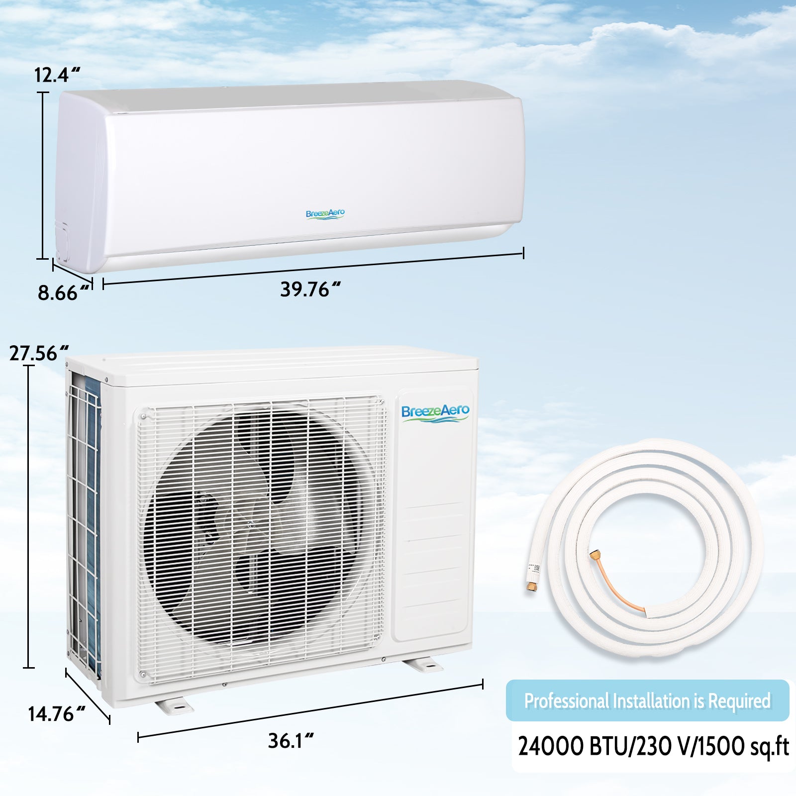 BreezeAero 1 Zone 24000 BTU Wifi Enabled Ductless Mini Split Air Conditioner Heat Pump Included, 20 SEER2 230V, Cools Up to 1500 Sq.ft
