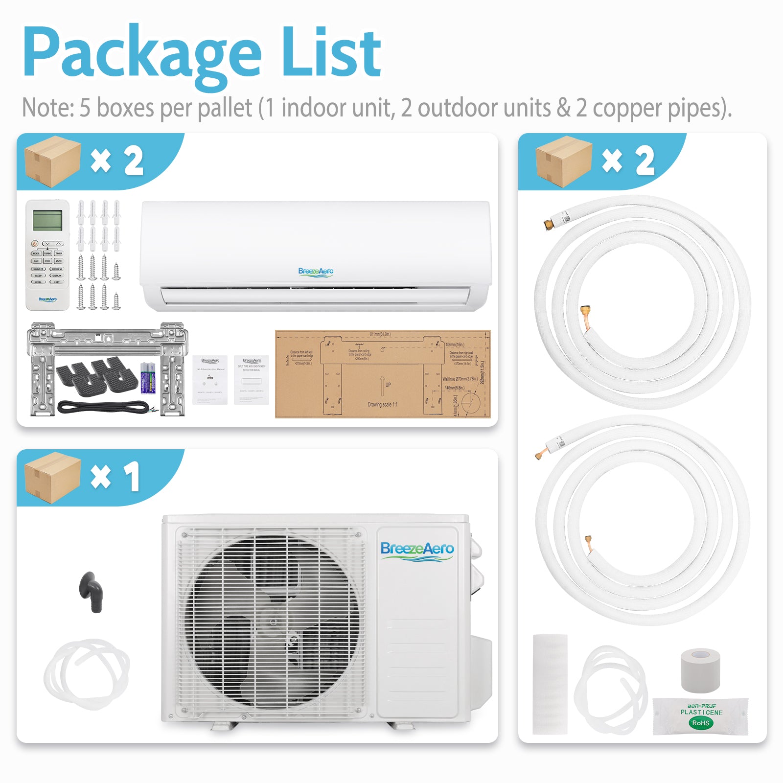 BreezeAero Multi-Zone Series 2 Zone 20000 BTU Ductless Mini Split Air Conditioner Heat Pump, 230-Volt, 23 SEER2, Cools Up to 900 Sq.ft(9K+9K)