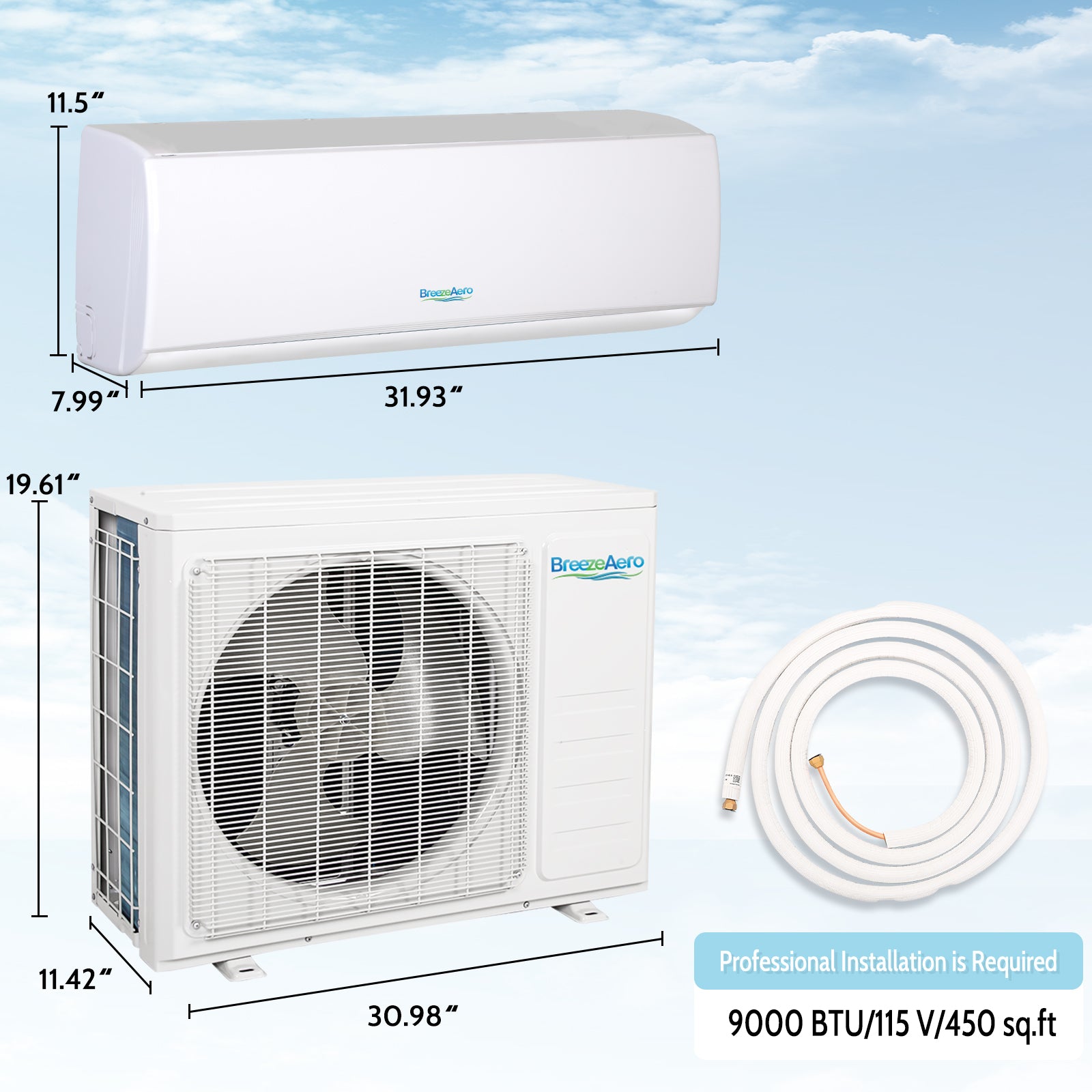 BreezeAero 1 Zone 9000 BTU Wifi Enabled Ductless Mini Split Air Conditioner Heat Pump Included, Energy Star,  20 SEER2 115V, Cools Up to 450 Sq.ft